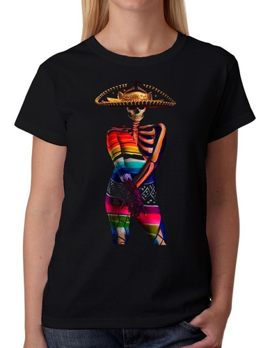 Playera Mujer Calavera Catrina Charra Traje De Colores