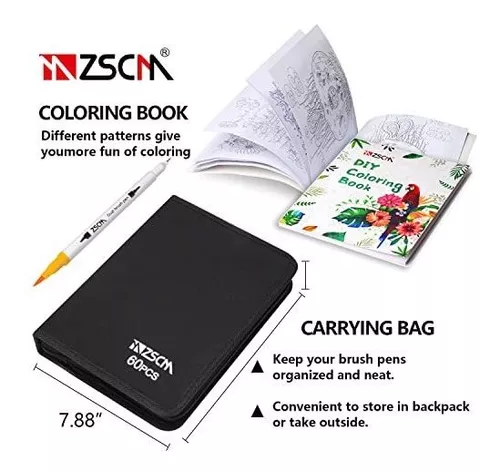 ZSCM Art Markers Coloring Dual Brush Pens , 60 Colors Fine& Brush Tip Artist Drawing Markers Set with Coloring Book, for Kids Adult Sketching Bullet