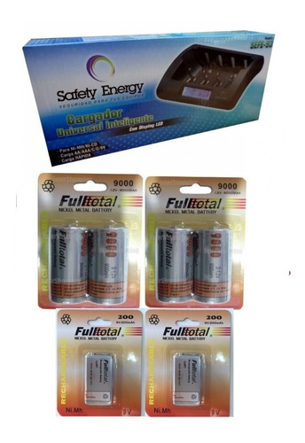 Imagen 1 de 8 de Kit Cargador +4 Pilas Grandes D 9000mah +2 Baterias 9v 200m