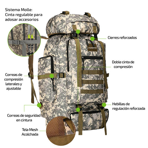 Imagen 4 de 8 de Mochila Tactica Camping 70-100 Lts Mochilero Ampliable Color Camuflado