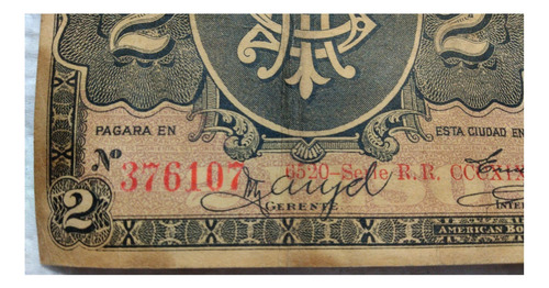 Billete 2 Peso Banco Oriental De Mexico 1914 (Usado)