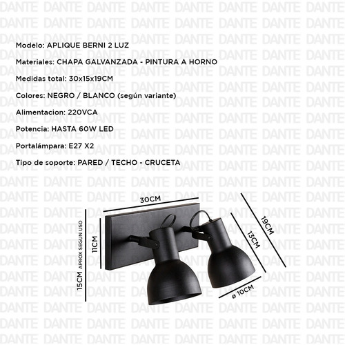 Lampara Aplique Pared Techo 2 Luces Minimal Blanco Negro