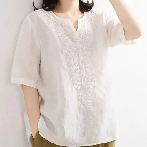 Blusa Bordada De Algodón Y Lino Con Cuello En V Para Mujer