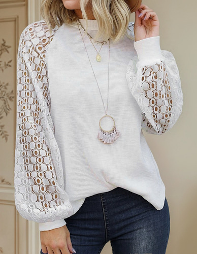 Blusa De Encaje De Manga Larga Con Cuello Redondo Para Mujer
