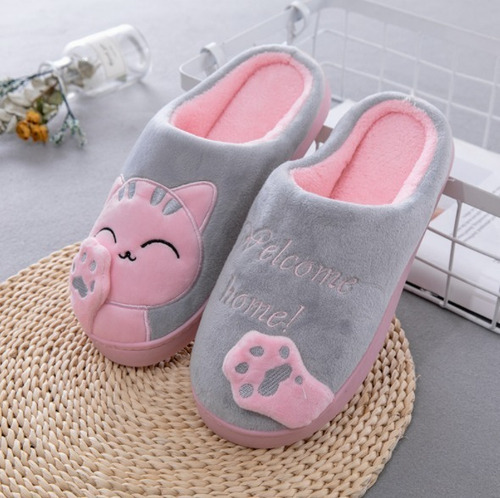 Imagen 7 de 10 de Pantuflas Peluche Gatos Lindas Cómodas Mujer Hombre Parejas