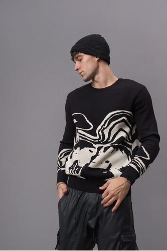 Sweater Hombre Tejido Oversize Negro Estampado Skull Bond