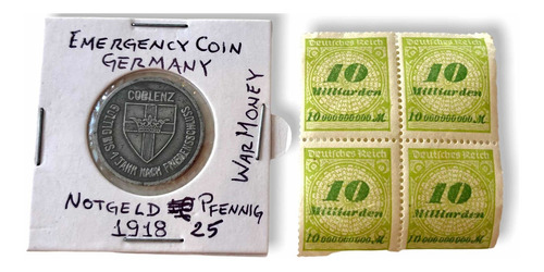 3 Timbres Antiguos + Moneda De Emergencia Alemana Notgeld (Usado)