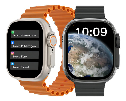 Smartwatch Microwear Ultra 9 Plus série 9 caixa 2.2`` caixa 49mm preto e pulseira azul, prata e pulseira laranjada