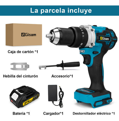 Taladro Percutor Atornillador Inalámbrico Mandril de 1/2'' con Asa Auxiliar 2Ah Gisam S3725 Color Azul