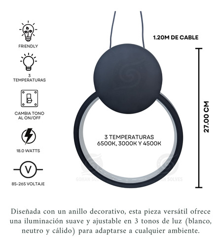 Lampara Led Colgante Anillo Decorativo Iluminación 3 Tonos
