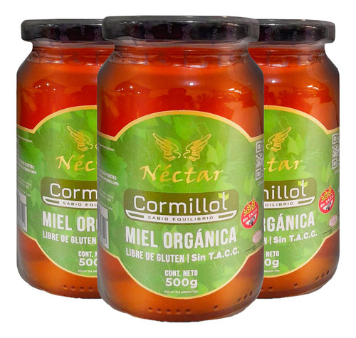 Miel Organica Abeja Pura Nectar Sin Tacc Cormillot 500g X3