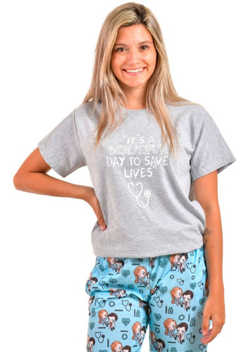 Imagen 1 de 5 de Pijama Largo Grey's Save Lives Remera Gris - Store Mykonos