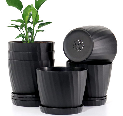 Juego De 6 Macetas De 15 Cm Con Platillos Negro