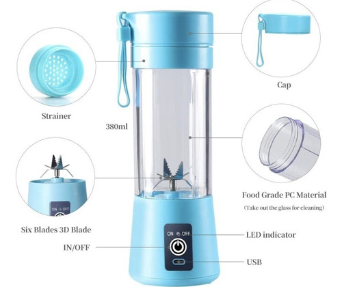 Mini Licuadora Portátil Recargable Usb Vaso Jugos Licuados Azul