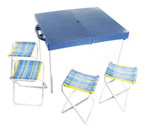  Mesa de camping al aire libre con 4 sillas plegables, mesas  plegables de aluminio de panel ancho con patas telescópicas, mesa de cocina  de campamento para picnic al aire libre, playa