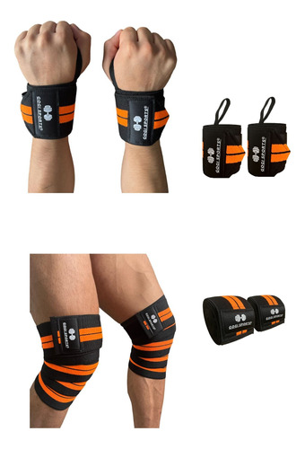 Kit Par De Vendas Para Rodilla Knee Wraps + Muñequeras Gym