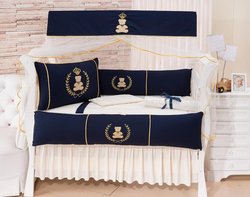 Kit Protetor Berço Americano Menino Azul Marinho Urso 10 Pc