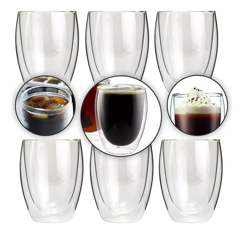 Kit 6 Copo Vidro Duplo 350ml Parede Dupla Cafe Chopp Suco Cor Transparente