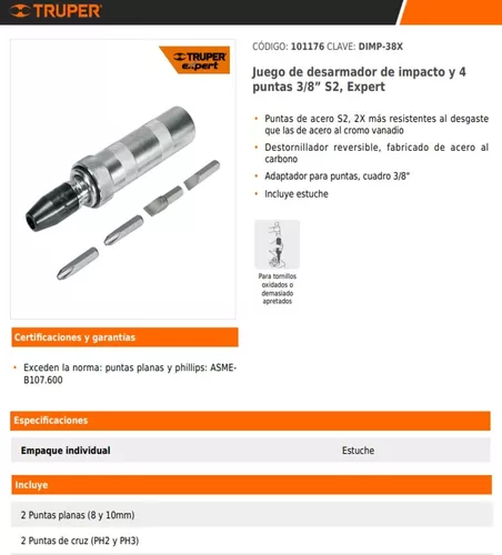 Desarmador de impacto con 4 puntas de acero S2 3/8 , Expert