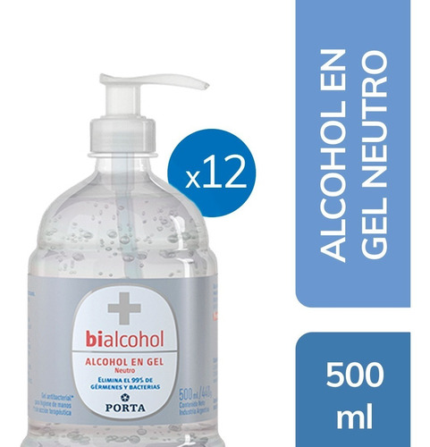 Alcohol gel Porta Bialcohol fragancia a neutra con dosificador 500 ml pack x 12