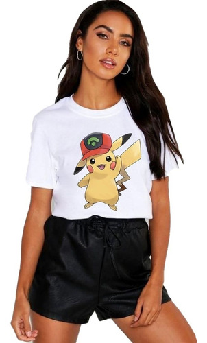 Polera Dama Estampada 100%algodon Diseño Pikachu Con Gorra22