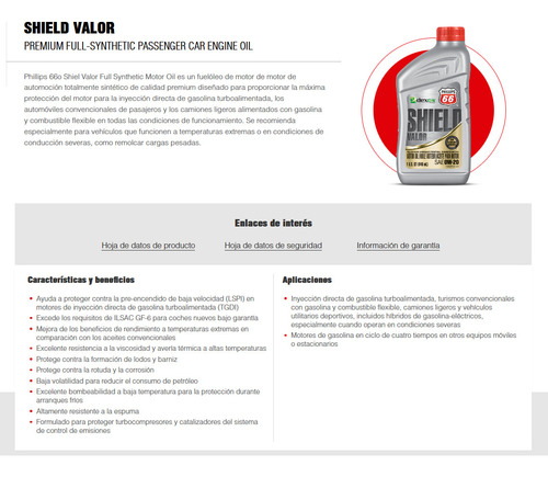(5pzas) Aceite Motor 100% Sintético. Phillips 66 Valor 0w-20