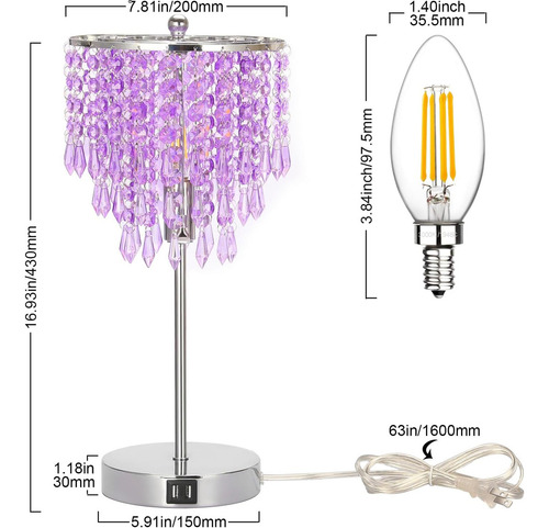 Lámpara De Cristal De La Cama Usb, Lámpara De Noche Táctil D