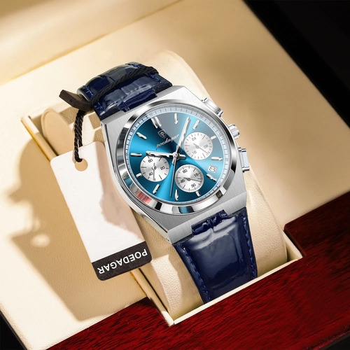 Relojes De Pulsera De Cuarzo De Cuero Azul De Lujo Poedagar