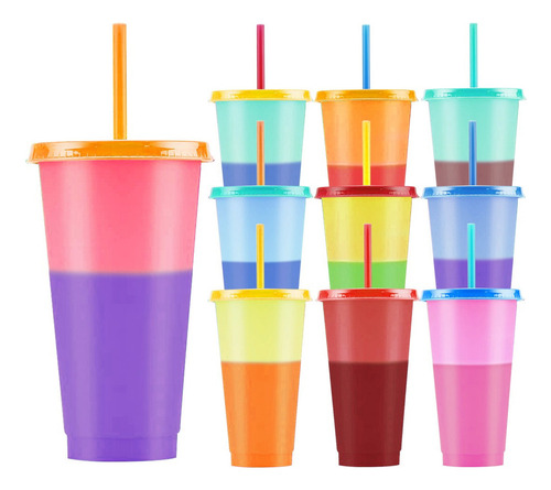 Vasos Magicos Cambian De Color Con Tapa Y Popote 700ml 10pzs