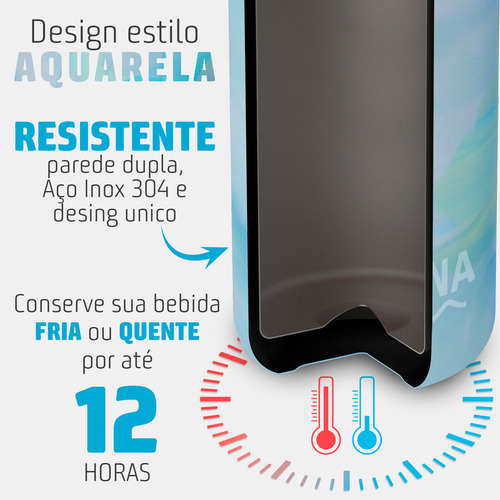 Garrafa Térmica 1200ml Estilo Aquarela Degradê Tampa Transparente Com Canudo Alça Lateral Bebida Fria Ou Quente Carro Festa Evento Aço Inox Cor Azul Irsina