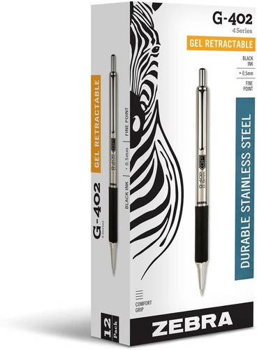 Zebra Pen G-402 Retractable Gel Pen, Stainless Steel Barrel,