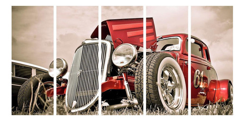 Quadro Decorativo 5 Peças Carro Antigo Vintage Vermelho