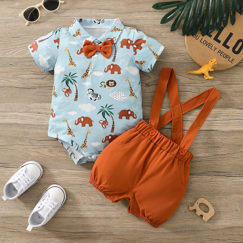 Conjunto De Mono Bebé Con Tirantes Y Estampado De Animales Celeste 9-12 M