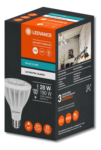 5x 7019888 - Par30 Hci Irc80 28w 15° 4000k 3000lm Ledvance