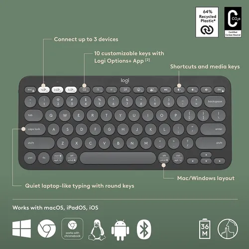 Logitech Pebble Keys 2 K380s Teclado Bt Multi-device Grafito