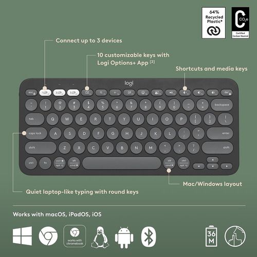 Teclado Logitech Pebble Keys 2 K380s Bluetooth Qwerty Españo