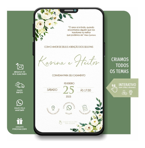 Convite Casamento Digital Interativo Flores Brancas 106b