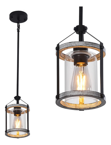 Lámpara Colgante Rústica De Cristal Y Madera 1 Luz