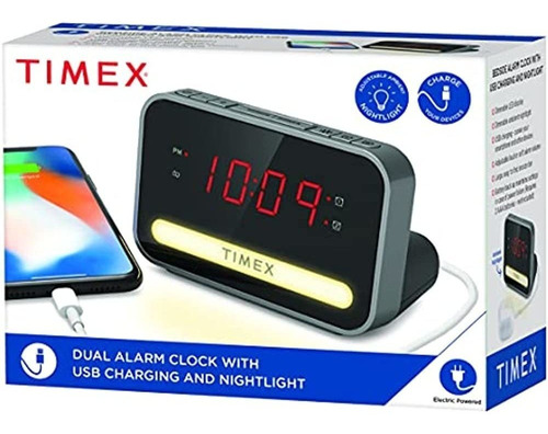 Reloj Despertador Doble Timex Junto A La Cama Con Carga Usb,