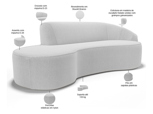 Sofá 4 Lugares Curvo Firenze Direito Bouclê Branco 260cm B53