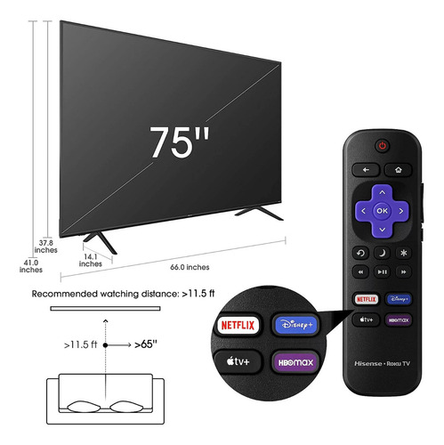 Pantalla Hisense De 75'' Uhd 1080p Smart Roku Tv Hdr 75r6e4