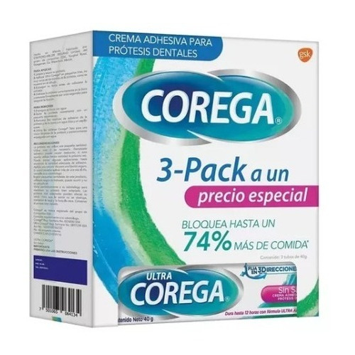 Corega Ultra Crema Adhesiva Para Prótesis 3 Pzas De 40g