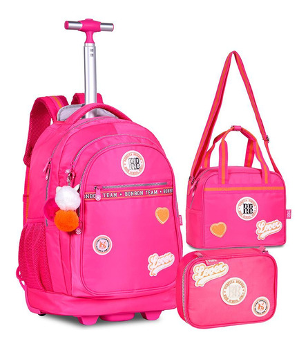 Kit Mochila De Rodinhas + Lancheira + Estojo Box Rosa Rb