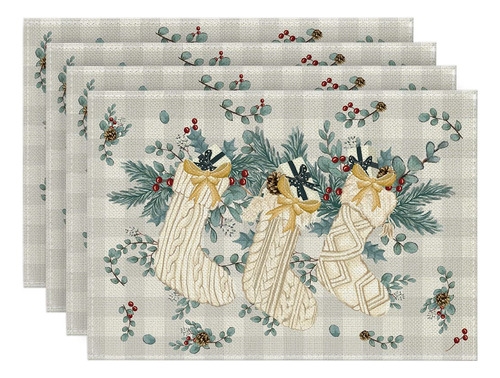 4 Mantel Individual Navideño Eucalipto Acebo 12 X 18 