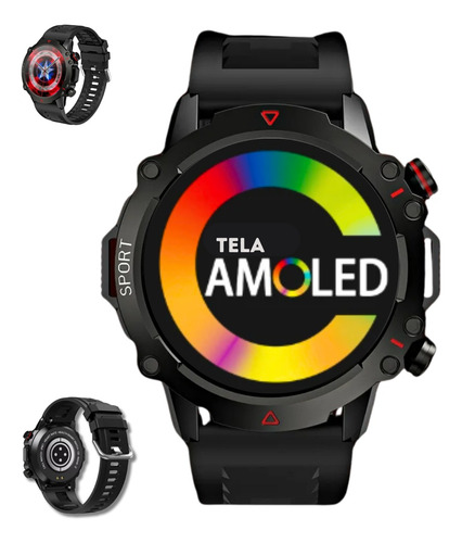 Smartwatch Tela Amod 1.53 + Pulseira Extra Camuflada Tatic Caixa Preto Bisel Cinza-escuro Desenho Da Pulseira Militar
