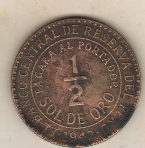 Perú Moneda De 1/2 Sol De Oro Año 1942 Km 220.2