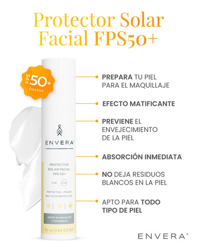 Protector Solar Facial Envera 50ml Spf 50+ - Acabado Mate