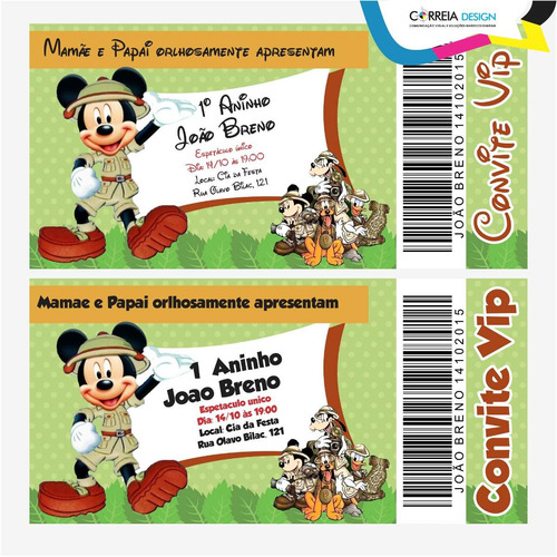 Imagem 1 de 3 de Criar Arte Final Convite Mickey Safari Mouse Tipo Ingresso
