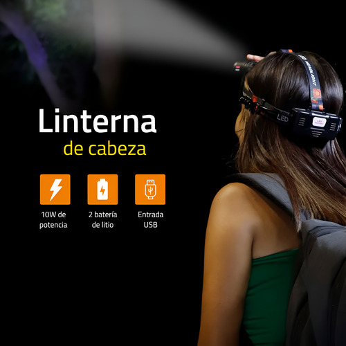 Linterna Minero Led Cabeza Con Doble Batería Potente Led Blanco Negro