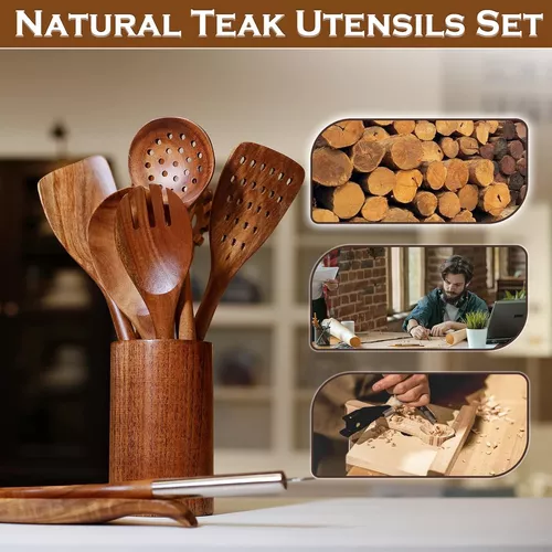 Cucharas de madera para cocinar, 10 piezas de utensilios de cocina de  madera de teca natural, utensilios de cocina de madera para cocinar,  espátulas